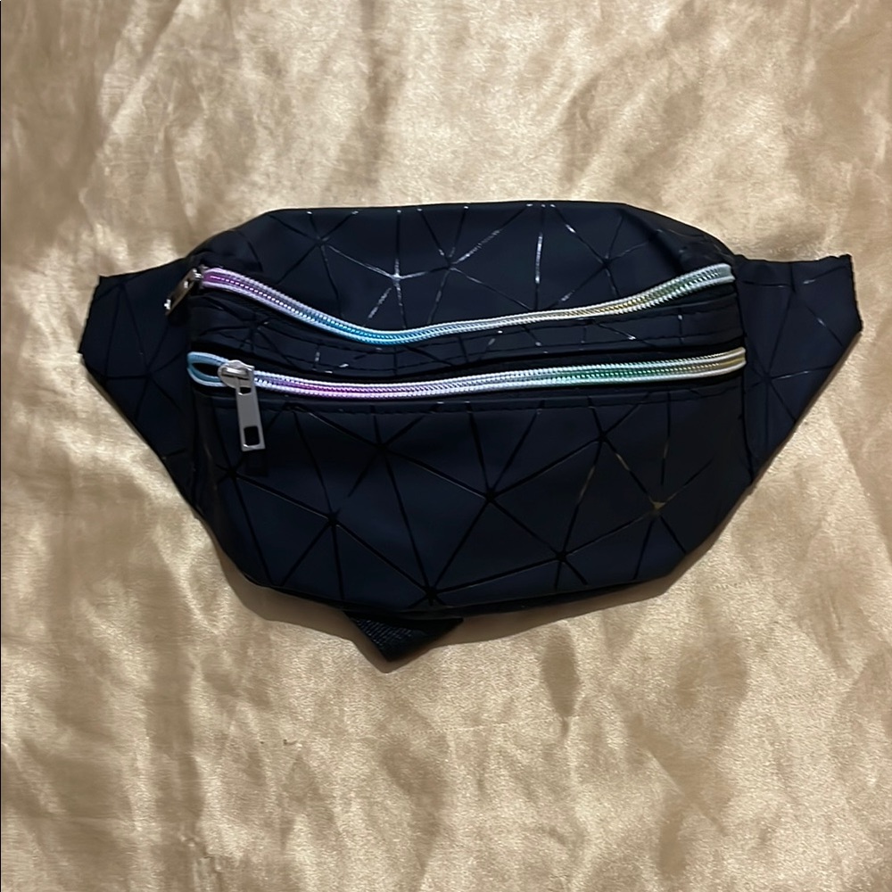 Geometric Navy Blue Fanny Pack with Multicolor Zippers
